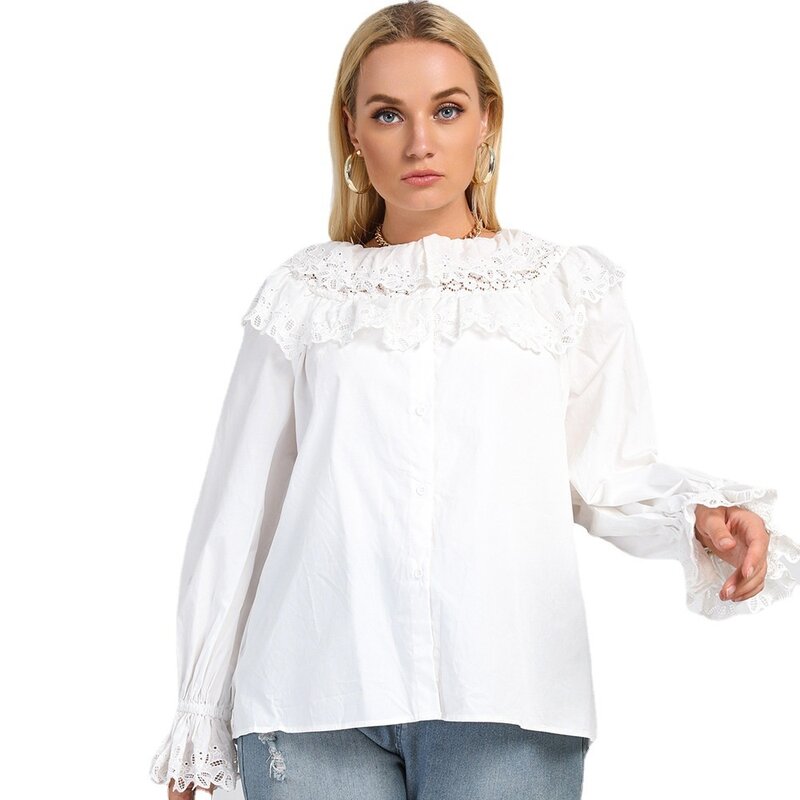 플러스 사이즈 뜨거운 판매 패션 기질 레이스 긴 소매 셔츠 싱글 브레스트 패션 기질 셔츠 캐주얼 여성 의류