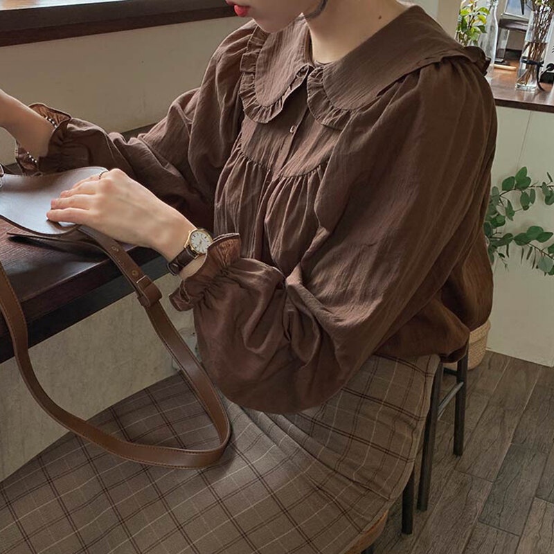Botão babados blusa feminina manga longa roupas femininas 2022 outono topos estilo coreano camisas casuais das mulheres blusas chemisier femme