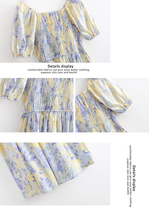 플로럴 프린트 퍼프 슬리브 드레스 주름 장식 여름 유화 스타일 롱 드레스, 허리 로맨틱 스머지 003G