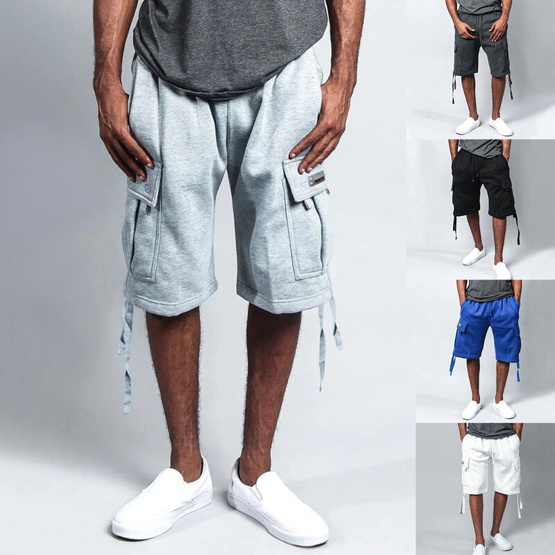 Pantalones de cinco puntos para hombre, ropa informal, suelta, transpirable, con cordón, Color sólido, Verano