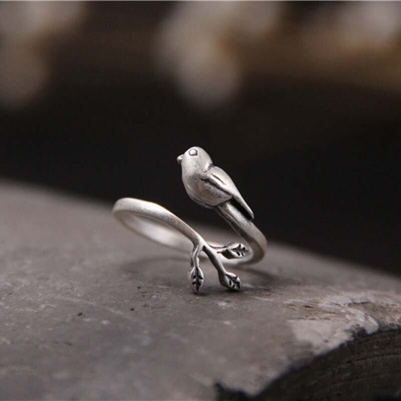 Monili squisiti del regalo di MeiBaPJ dell'anello della signora della foglia dell'uccello Retro letterario reale dell'argento sterlina S925 trasporto libero