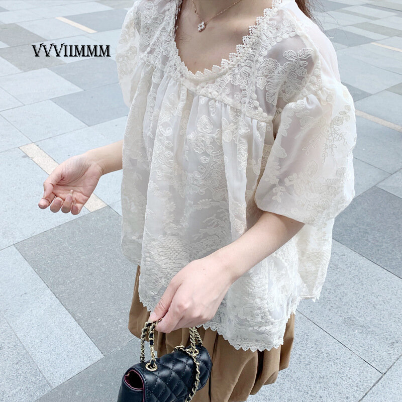 Embroidered Lace Top Fairy Summer Loose Bubble Sleeve Doll Shirt Belly Covering Blouse 2022 Summer New Women's Wear Work Office