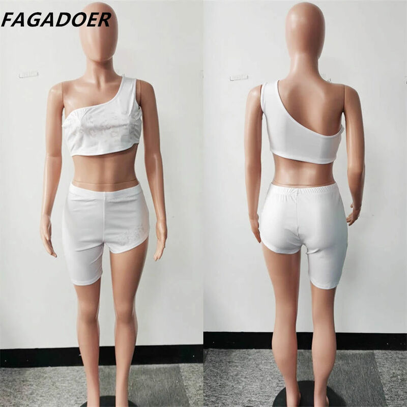 FAGADOER Sexy One Shoulder Two Piece Sets Women PINK Letter Print Crop Top And Irregular Shorts Tracksuit Summer Bodycon Outfits