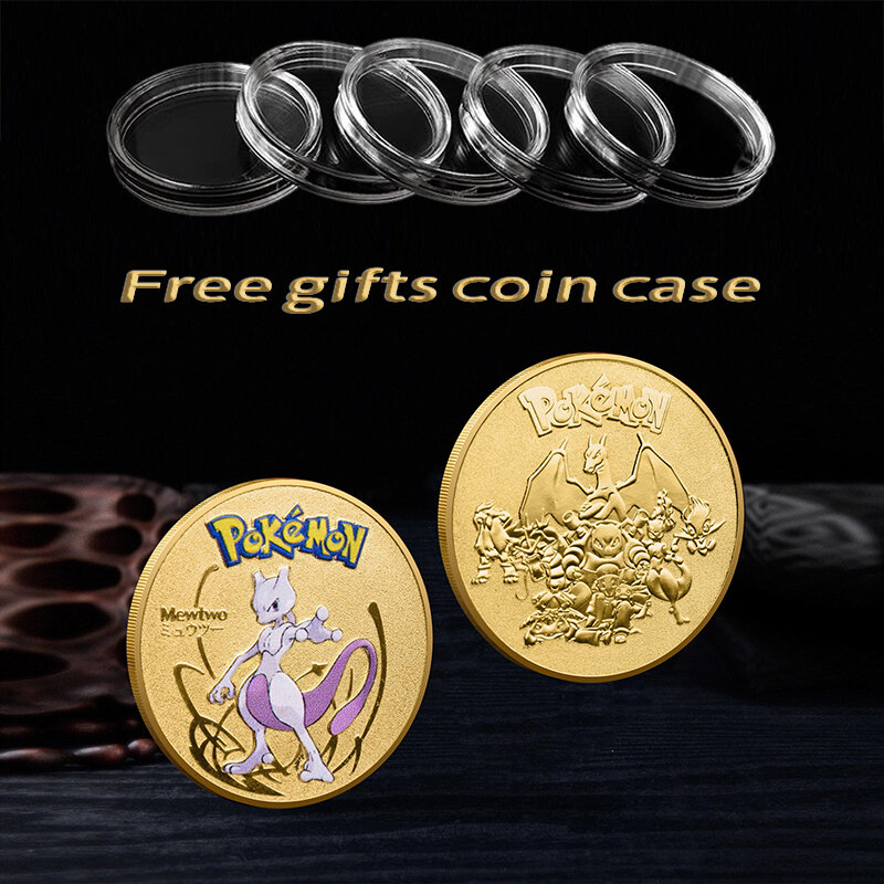 Mewtwo Charizard Pikachu-Juego de monedas de Metal de Pokémon dorado, tarjeta de Anime, medallón conmemorativo violeta escarlata, regalo coleccionable de Pokeball
