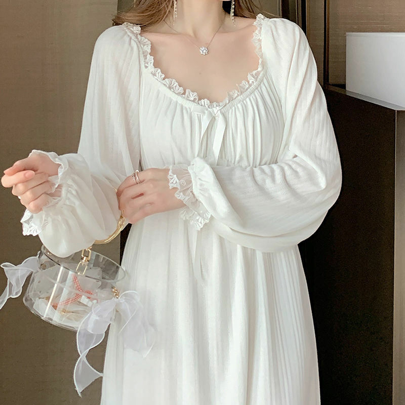 2022เจ้าหญิง Vintage สีขาวแขนยาว Nightgown ผู้หญิงฤดูใบไม้ร่วงฝ้ายยาว Night ชุดบ้านหญิงชุดใหม่ X51
