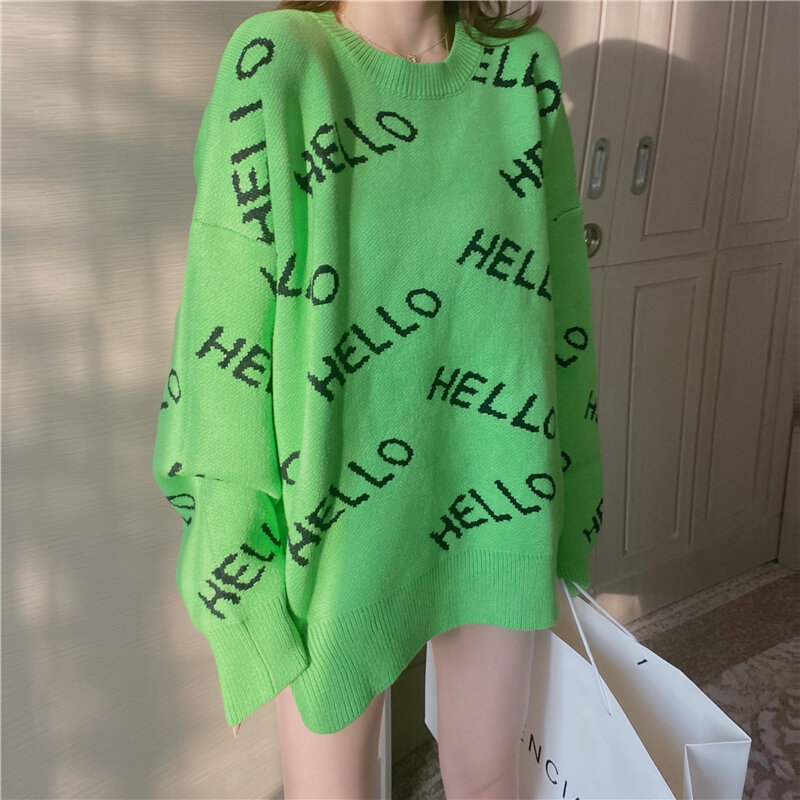 Long Sleeve O-Neck Women Knitted Sweater Pullover Fashion Korean Green Sweater Loose Hello Letter Casual All Match Jumper 304GP