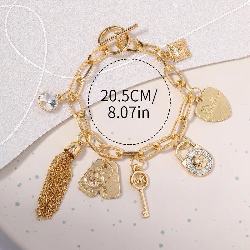 Braslete – Bracelet à pampilles en or pour femmes, bijoux de haute qualité, pendentif avec serrure à clé, chaîne en cristal