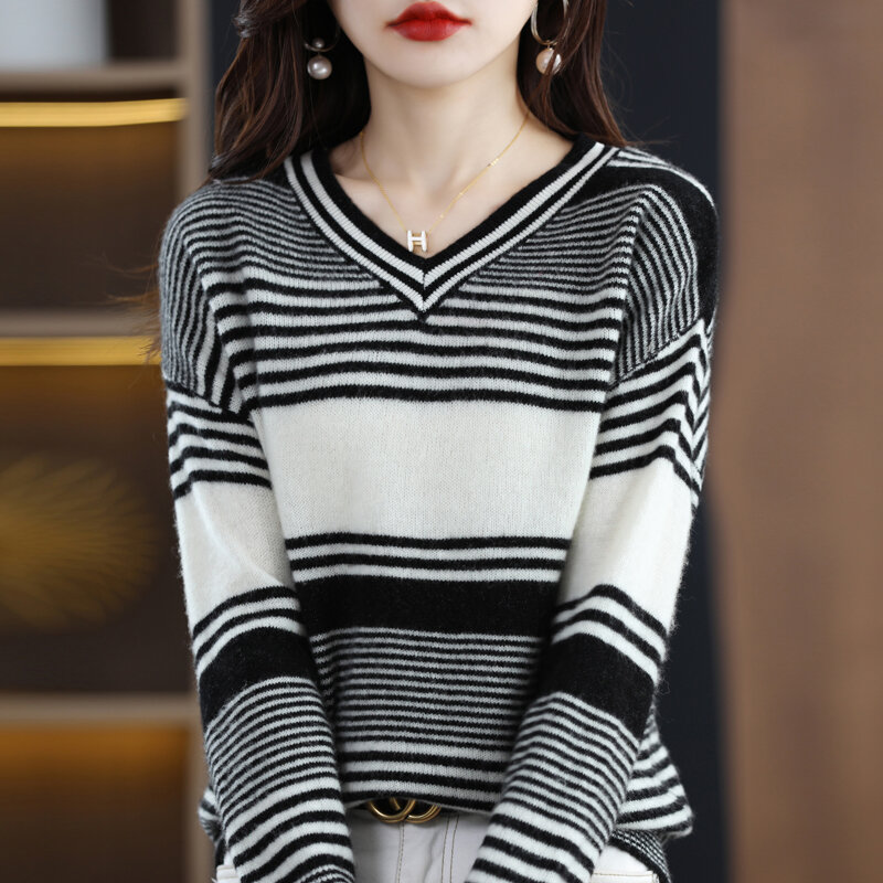 Nowy jesienno-zimowy sweter z kaszmiru damski dekolt w serek dopasowane kolory sweter z długimi rękawami w paski nosi wełnę z długimi rękawami