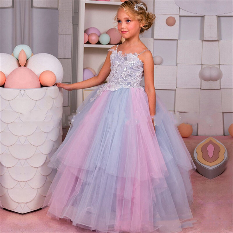 فستان فتاة الزهور مع الطباعة الملونة تول الدانتيل ، الأميرة الكرة ، التواصل الأول ، هدية عيد ميلاد مفاجأة ، مسابقة الجمال