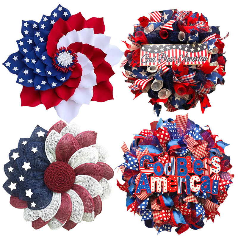 Independence Day Decoration Wreath Red White Blue Artificial Floral Hanging Wreath Ornament