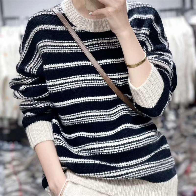 Suéter de lana a rayas para mujer, suéter de punto a rayas, informal, suelto, cálido, Retro, suave, 100%