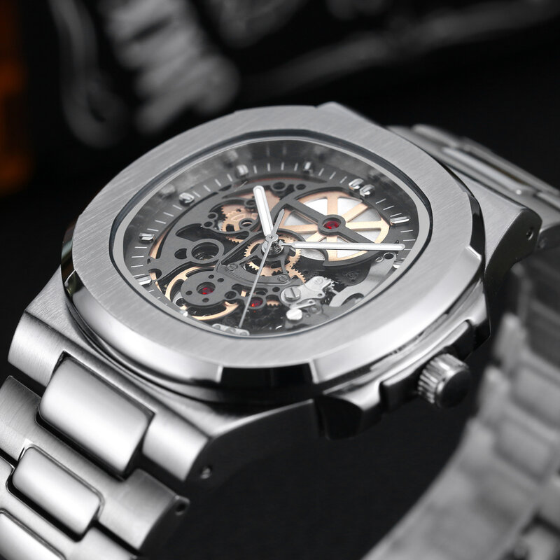 Nieuwe Mode Automatische Mechanische Horloge Voor Mannen Hollow Luxe Waterdichte Mannelijke Horloges Skeleton Uniek Horloge Robijn Klok