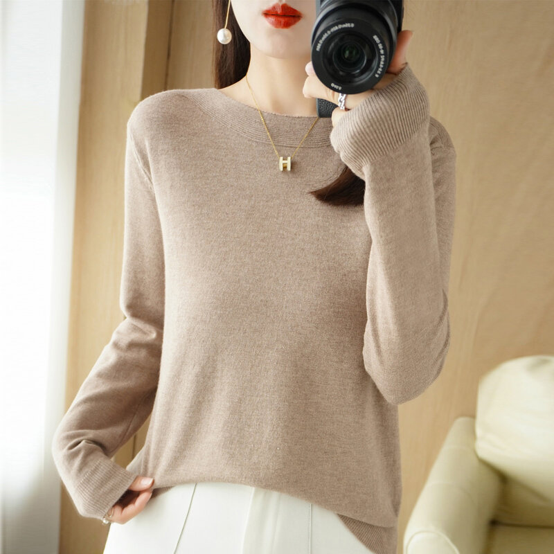 심플하고 부드러운 원넥 니트 보터밍 셔츠 여성용 얇은 섹션, 봄과 가을 패셔너블 한 스웨터 탑