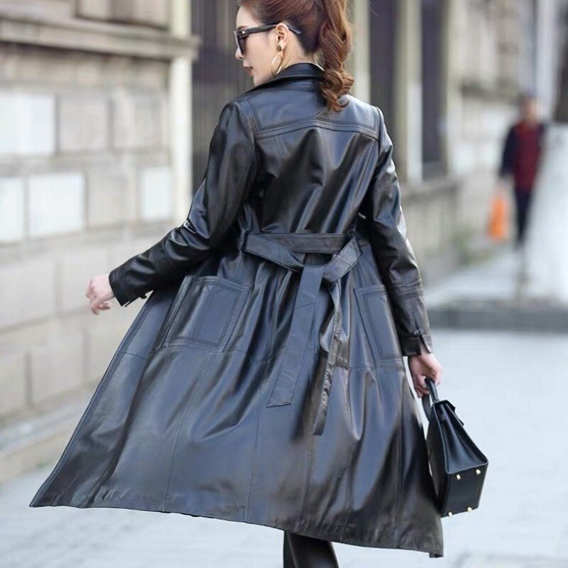 Veste en cuir authentique pour femmes, manteau long mince avec ceintures de bureau, fenêtres