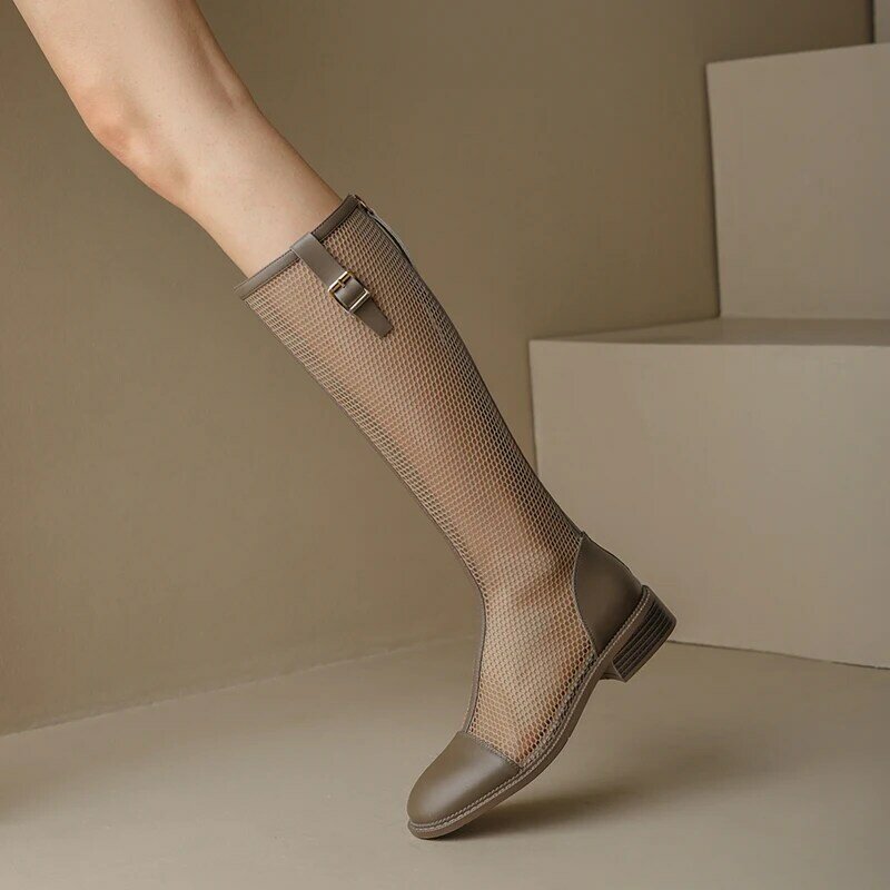 Женские ботинки из натуральной кожи, длинные сапоги в сеточку, на квадратном каблуке, молния сзади, круглый носок, французская Ретро модель, ...