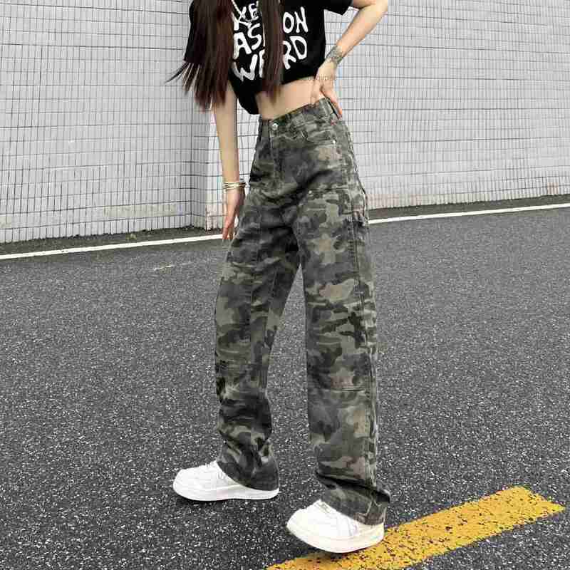 New Ins High Street Spicy Girls Camouflage Cargo Pants Women Green Loose Jeans Vintage Straight Casual Denim Trousers Sweatpants