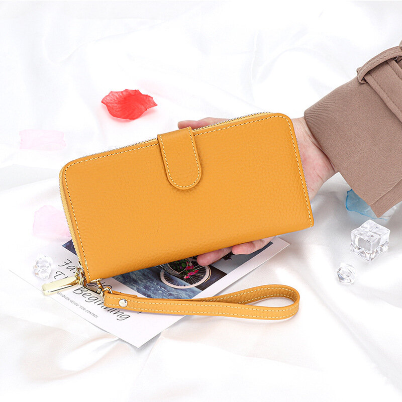 럭셔리 숙녀 지갑 100% 가죽 긴 간단한 지갑 가방 새로운 프리미엄 첫 번째 레이어 가죽 클러치 휴대 전화 가방