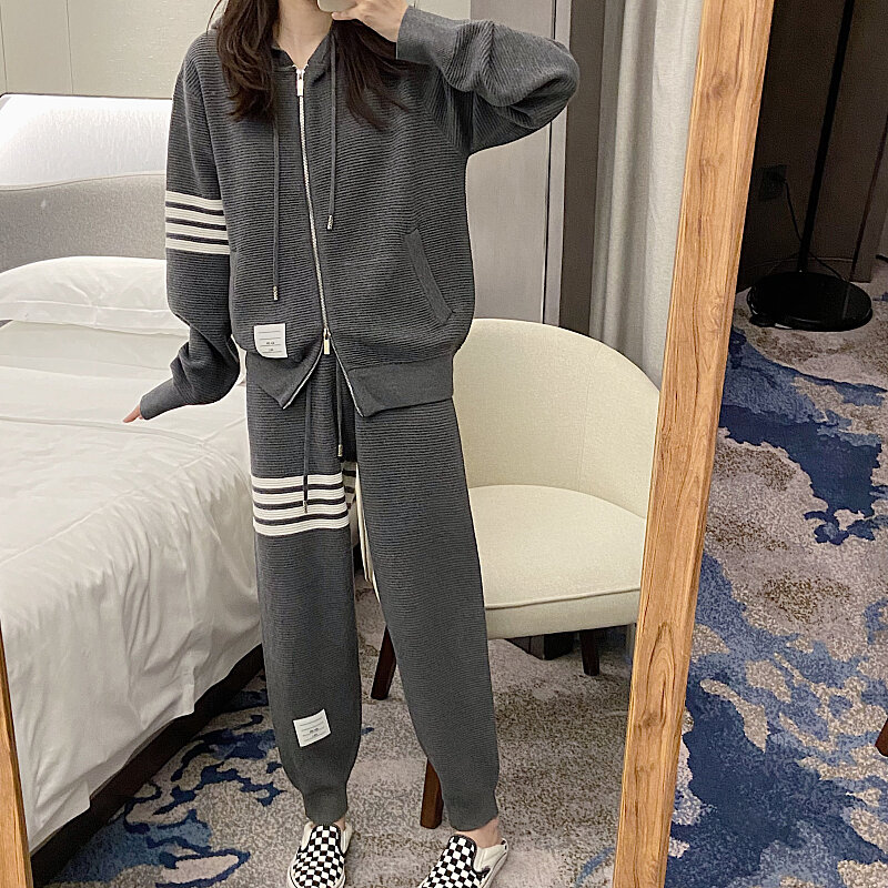 Four Bar Striped Suit Women's TB Loose Skinny Hooded Zipper Coat Knitted Cardigan Sweater Casual Leggings