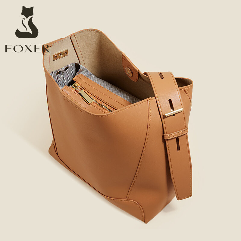 Foxer Retro Eenvoudige Schouder Crossbody Tas Grote Capaciteit Handtas Dames Mode Vrouwen Commuter Messenger Bag Split Lederen Portemonnee