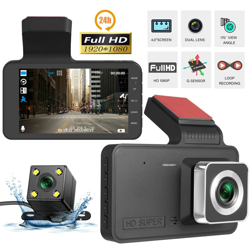 Dual Lens traço Cam câmera do carro, DVR, 24H, HD, 1080p, gravador de vídeo, caixa preta, ciclo Dashcam, espelho Driving Recorder, 4,0"