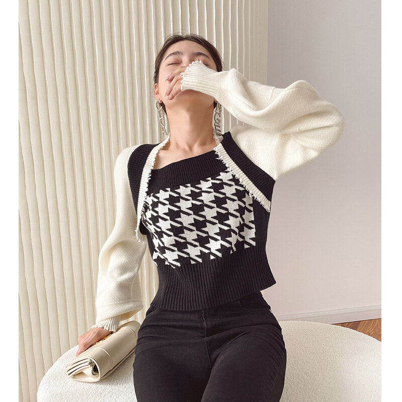 Wełniane topy moda 2022 nowe przedmioty sparowane ubrania dla kobiet estetyczne dwa fałszywe kwadratowe szyjki sweter damski sweter brzydkie Traf Y2k