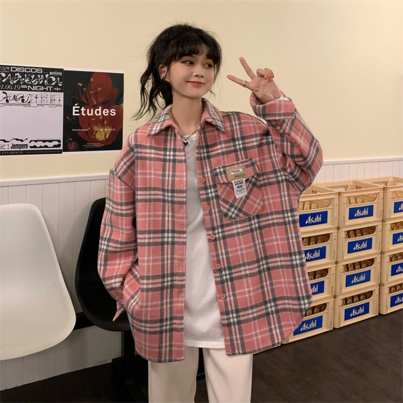 JMPR Kotak-kotak Warna Kontras Ditambah Kemeja Bulu Jaket Musim Gugur Musim Dingin Mode Korea Blus Tebal Atasan Mujer Y2k Kotak-kotak Hangat Blusa