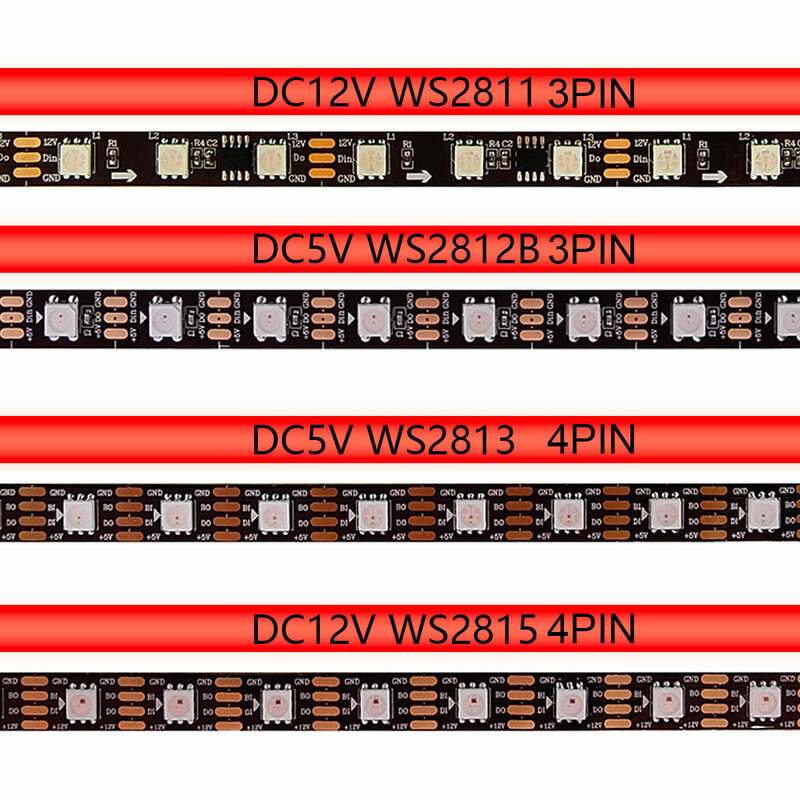 픽셀 스마트 RGB LED 스트립, 개별 주소 지정 가능, WS2811, WS2813, WS2815, WS2812B, WS2812, 30 LED/m 테이프 조명, DC5V, DC12V, 60/144 LED