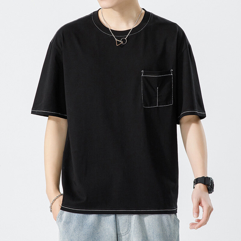 Camiseta de manga media para hombre, Camiseta holgada a la moda de manga corta pesada, parte inferior, novedad de verano