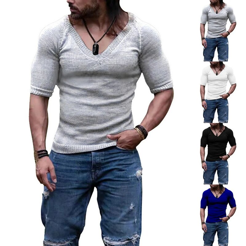 Camisa deportiva de manga corta para hombre, camisa de manga larga, ajustada, con cuello en V, Color sólido, estilo fino, cómoda, para verano