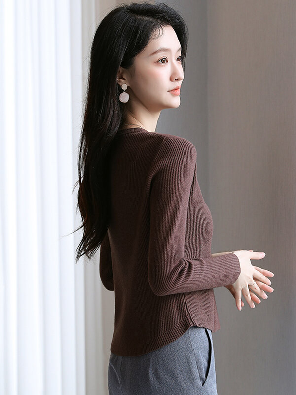 Sweter Wanita Pendek Solid Elegan Gaya Korea Musim Gugur dan Musim Dingin 2022 Atasan Jumper Dasar Desain Lengan Panjang Leher-o Femme
