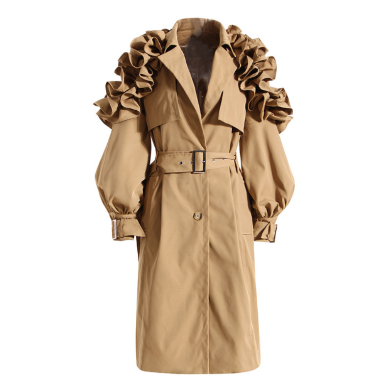 Gabardina con solapa para mujer, abrigo de manga larga con volantes en el hombro, con cinturón, a la moda, para otoño, 2023
