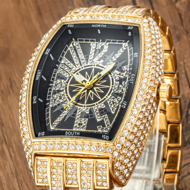 Tonneau ที่ไม่เหมือน Iced Out นาฬิกาผู้ชายเต็ม Bling เพชร Mens Hip Hop นาฬิกาข้อมือควอตซ์ชาย18K Gold reloj Hombre ของขวัญ