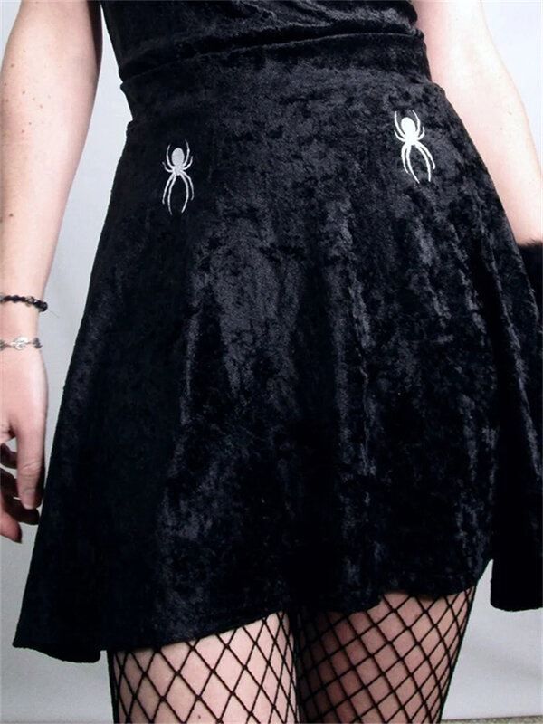 Gaun Wanita Pola Laba-laba Rok Mini Hitam Seksi Cabes Rok Pinggang Tinggi Punk Goth Musim Panas Baru Mode Jalanan Pakaian Y2k