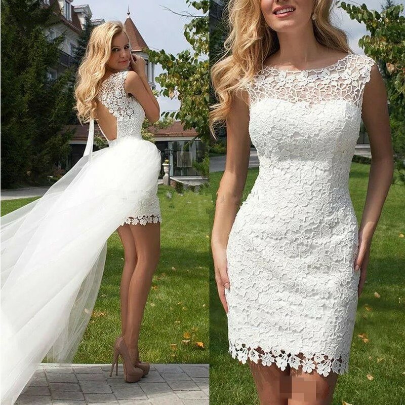 Short Lace Tulle Wedding Dresses With Detachable Skirt O-Neck Lace Appliques A-line Bridal Gown For Women Open Back 2022 vestido
