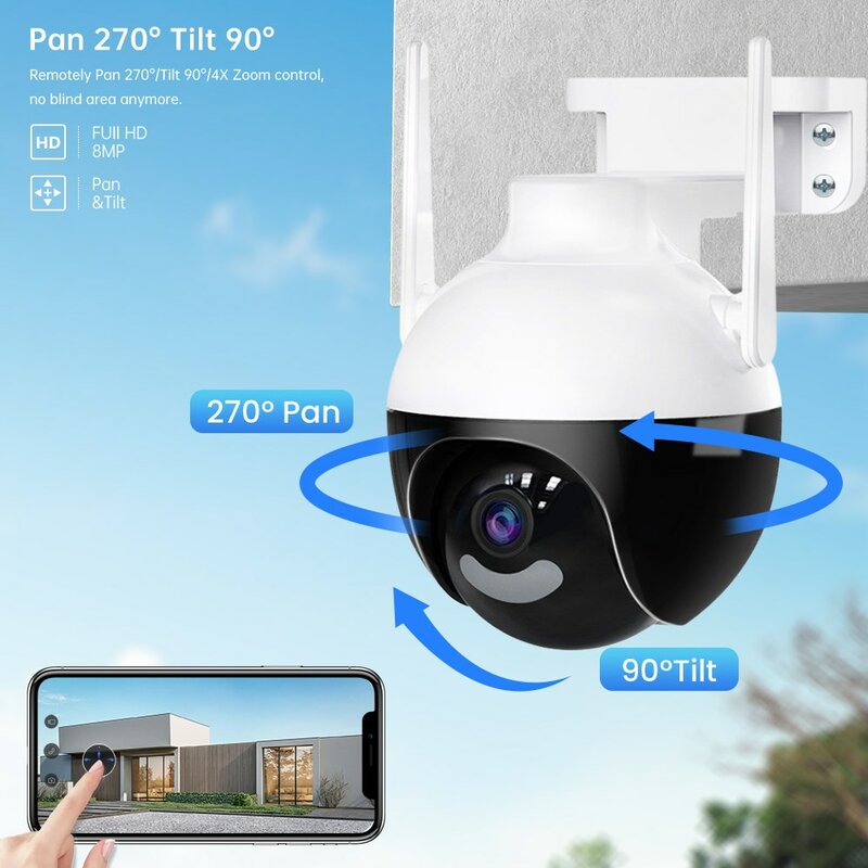 Caméra de Surveillance dôme extérieure PTZ IP WIFI hd 8MP/4K, dispositif de sécurité sans fil, couleur, avec ia, détection humaine, ICsee