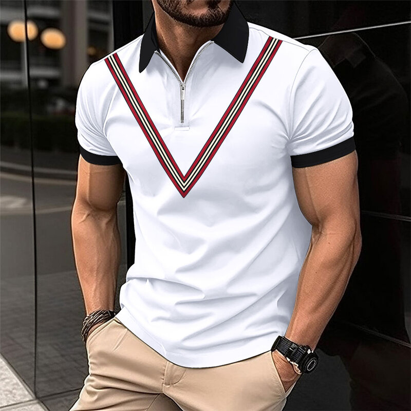 Polo con bordado en V para hombre, camiseta informal de diseño de manga corta, Tops de verano con solapa y cremallera
