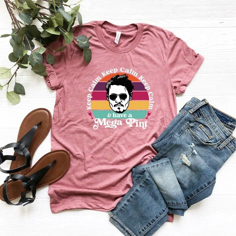 Zachowaj spokój i pytanie w przypadku Mega koszulka z nadrukiem w stylu Vintage 2022 śmieszne sprawiedliwości memy prezent Tee lato Johnny Depp prosta, na co dzień Tee