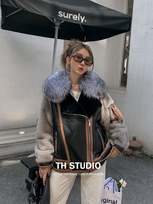 Hdhophr-女性用の天然ミンクの毛皮のコート,本物のキツネの毛皮,暖かい冬の短いファッション,本革のジャケット,2022