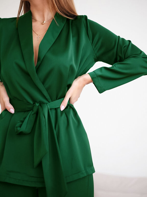 طقم بيجامات حريمي من Hiloc سروال بالازو ملابس نوم مع وشاحات لون نقي بدلة منزلية للنساء ملابس منزلية بنقشة منخفضة لون أخضر
