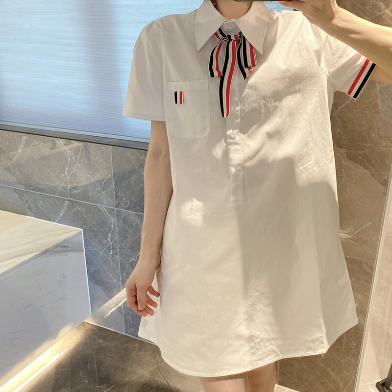 Vestido camisero de manga corta para mujer, pajarita de estilo de la Academia Francesa, temperamento pequeño, moda Coreana de alta calidad, primavera y verano