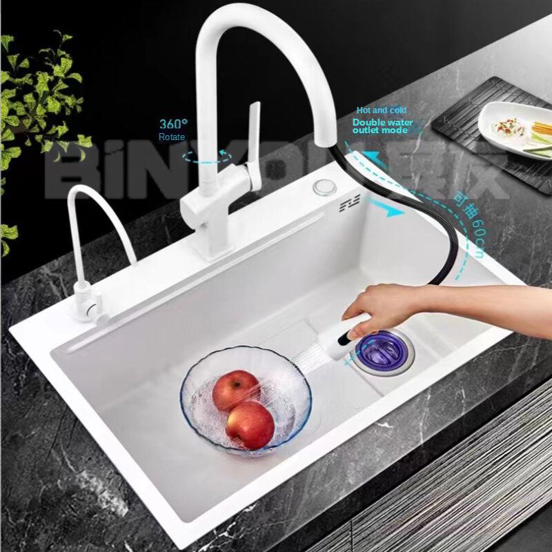 304 Stainless Steel White Waterfall Faucets Large Single Sink Embedded Nano Dishwashing Sink Undercounter Basin