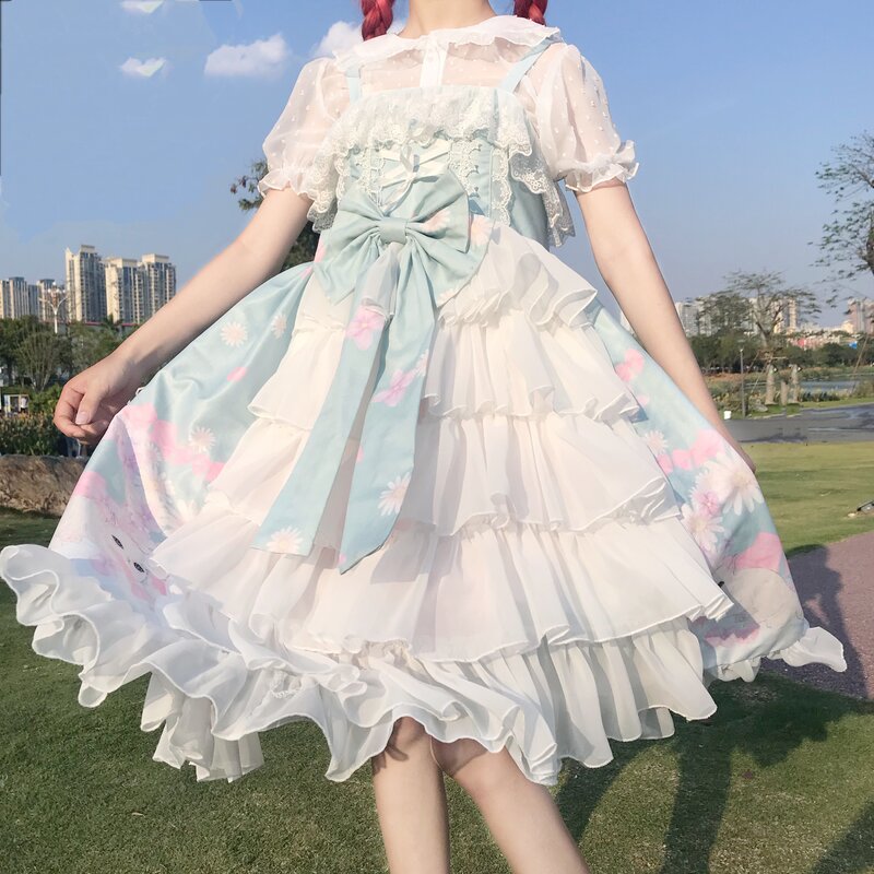 Sweet Lolita JSK-Robe Kawaii de dessin animé pour femmes, bretelles de chat mignonnes, robe d'été japonaise, robes de soirée Kawaii