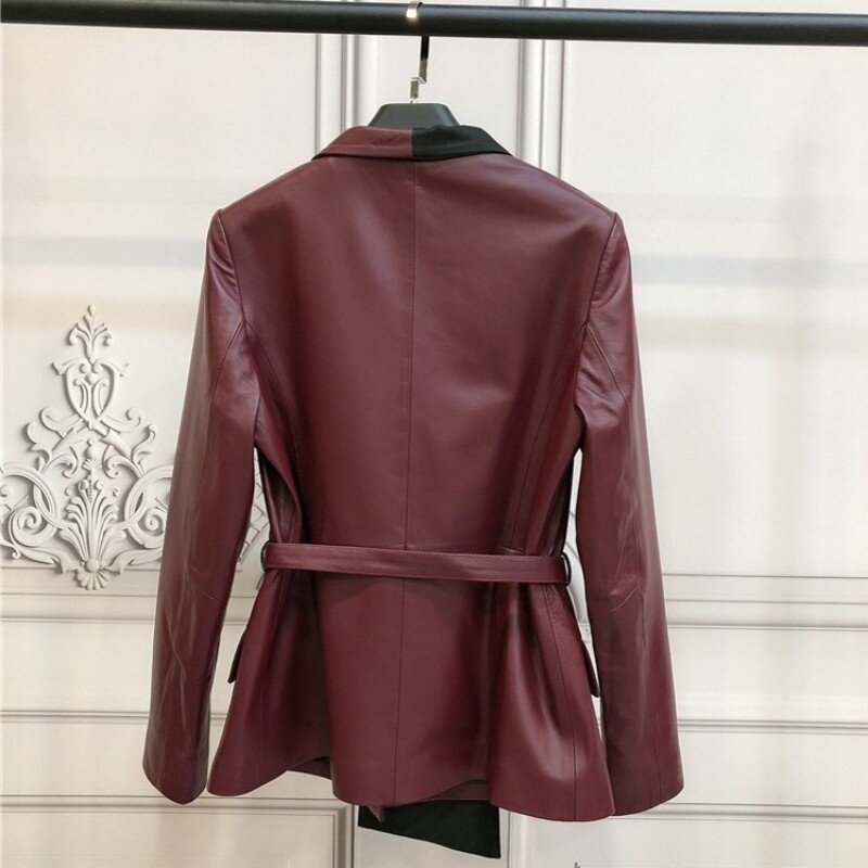 Jaqueta de couro genuíno das senhoras do escritório cinto vermelho vinho terno jaquetas splice assimétrico curto outerwear feminino casaco de pele carneiro