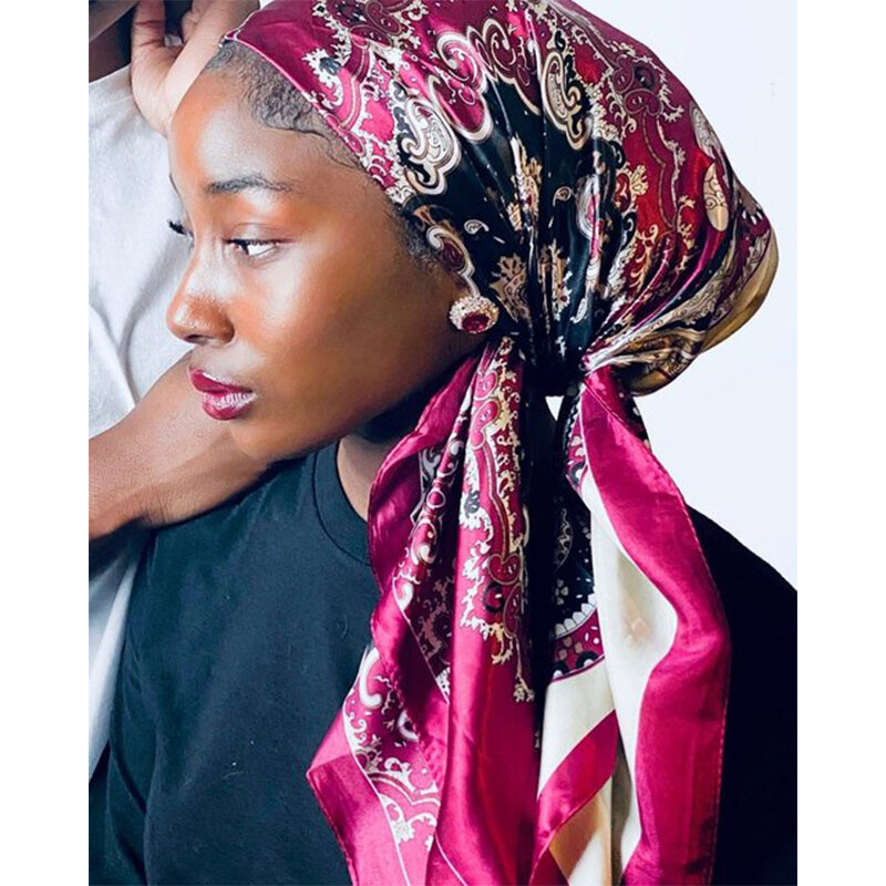 نساء الحجاب عقال موضة 90 سنتيمتر الحرير الحرير ساحة وشاح باندانا تصميم منديل شال التفاف شاطئ الشالات Foulard Echarpe