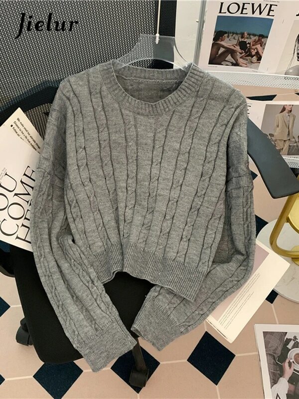Jielur-suéter corto con cuello redondo para mujer, Jersey de punto de Color puro, suelto, Color caqui claro, gris, para otoño