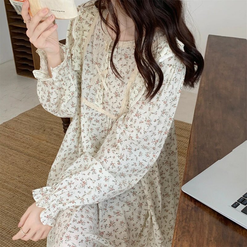 韓国の女性のナイトウェア,長袖,かわいいパジャマ,ヴィンテージの花柄,ガーゼコットン,かわいい,秋,s099