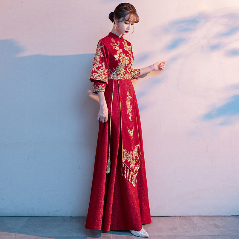 Gaun Cheongsam/Roti Panggang/Pengantin Lengan Panjang Menengah Kerah Berdiri Musim Semi/Musim Panas Merah Anggur Etesans-fin untuk Wanita