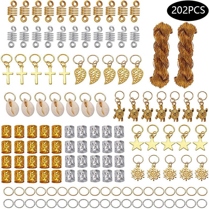 200pcs de metal contas de cabelo conjunto para mulheres meninas anéis de cabelo clipes diy tranças metal punhos jóias pingentes decoração do cabelo acessórios