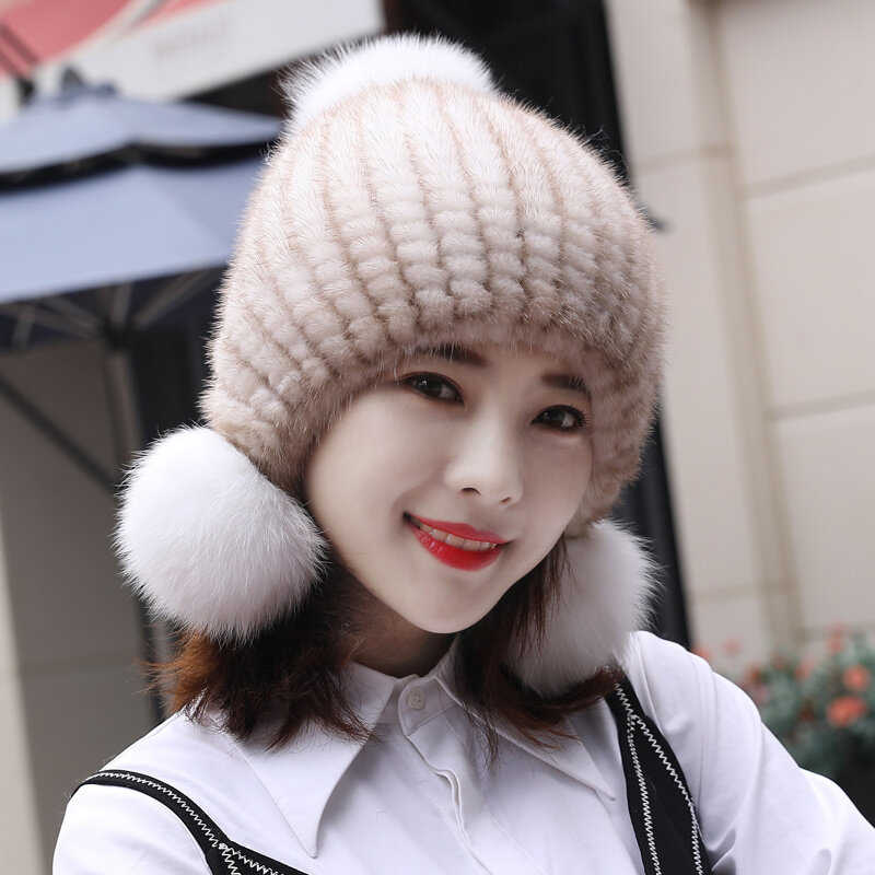 New Mink Fur Hat With Fox Fur Ball  Women's Beanie Hat 100% Natural Mink Fur Caps Real Mink Fur Hats Genuine Fur Knitted Hats
