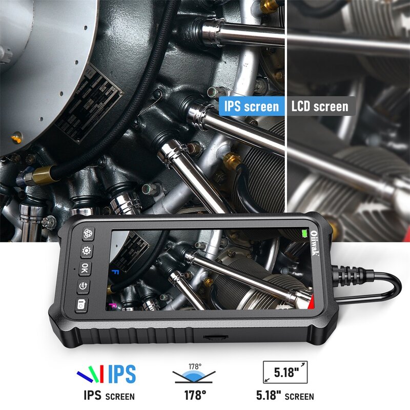 Oiiwak Kamera Endoskopi Lensa Ganda 1080P 5,18in Layar IPS Borescope Lensa 5Mm IP67 Kamera Ular untuk Dinding Mobil Pipa Saluran Pembuangan